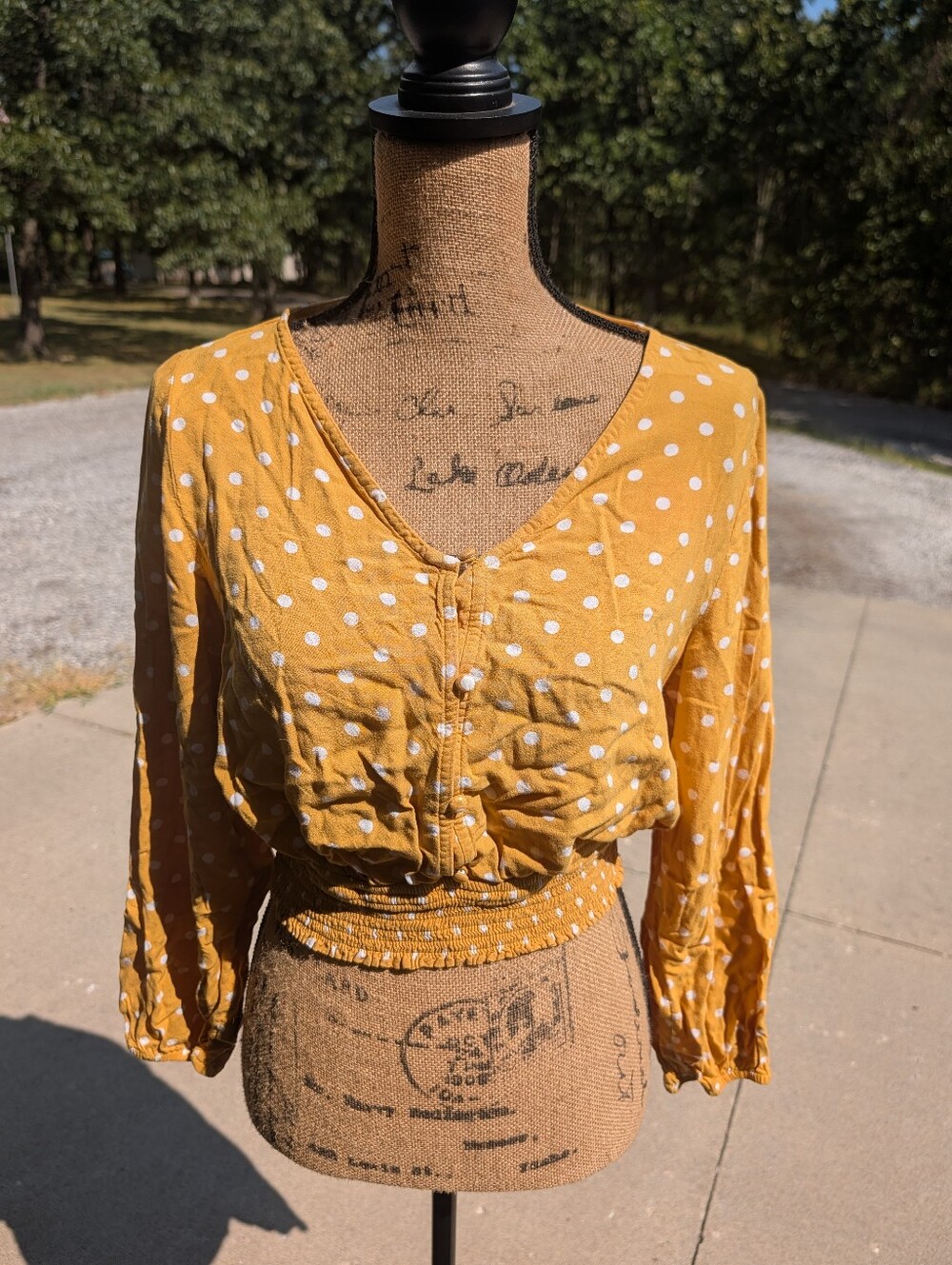 Polka Dot Smocked Hem V-Neck Crop Top - Mustard